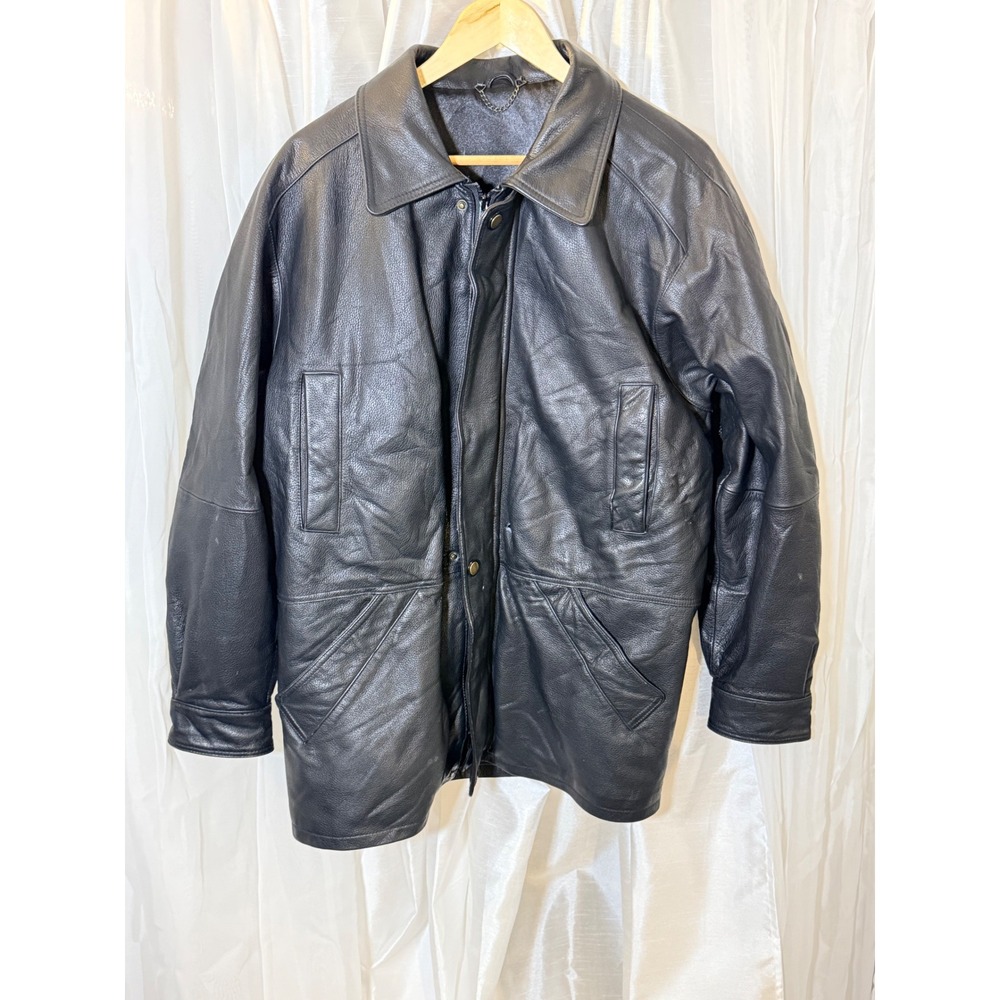 R&R Leather Car Coat Mens Medium Black Insulated Button Front Jacket 35694